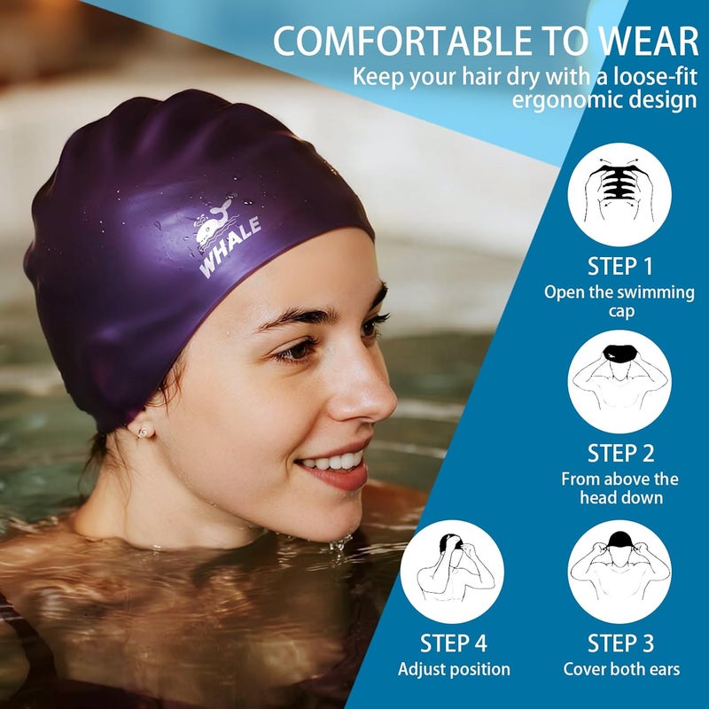 Whale Extra Large Swim Cap for Women Men Non-Slip, High Elasticity Keeps Hair Dry Unisex Large Size Suitable for Long Hair, Curly Hair and African Dreadlocks - Image 3